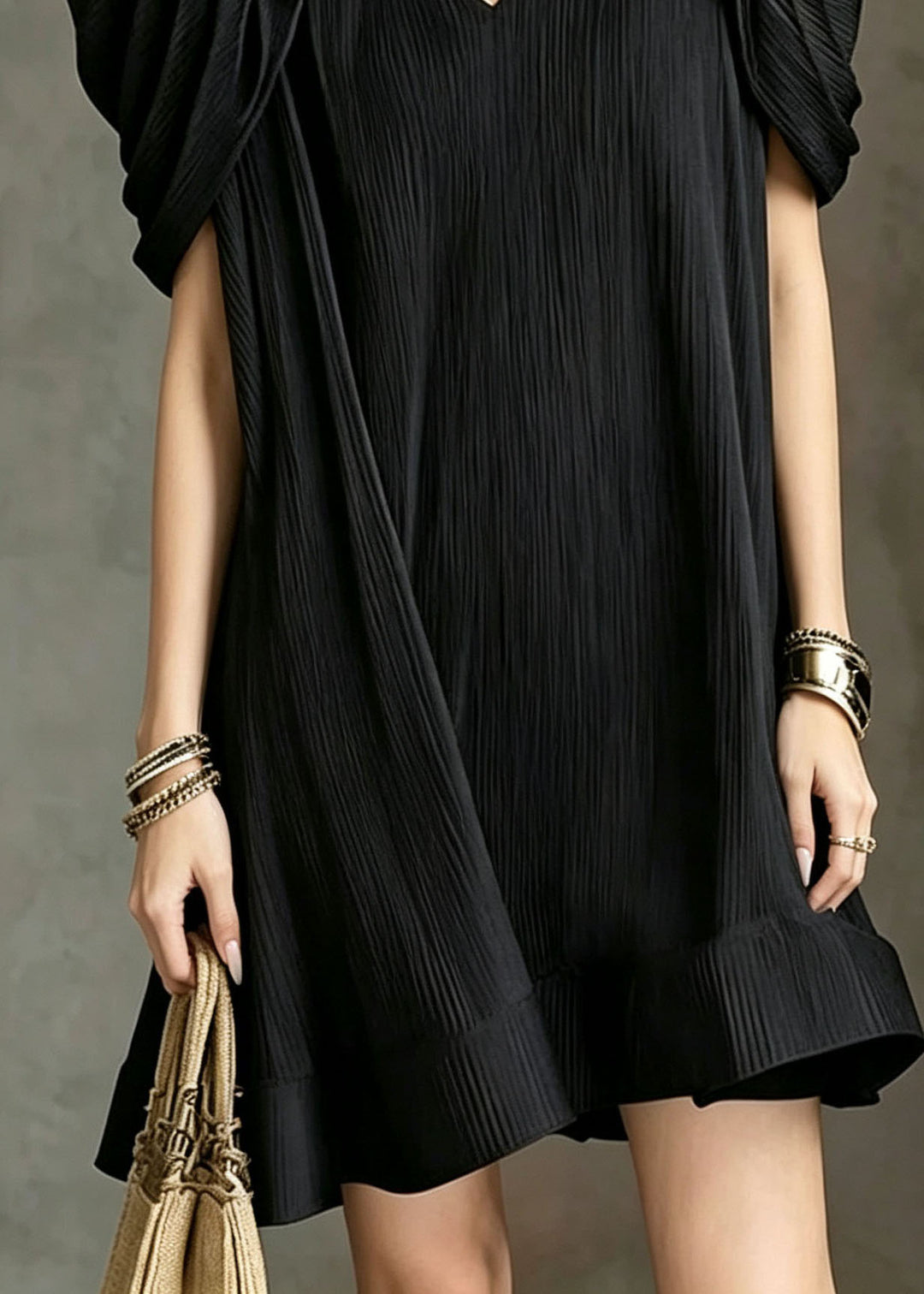 Fashion Black V Neck Ruffled Patchwork Puff Sleeve Cotton Mid Dress