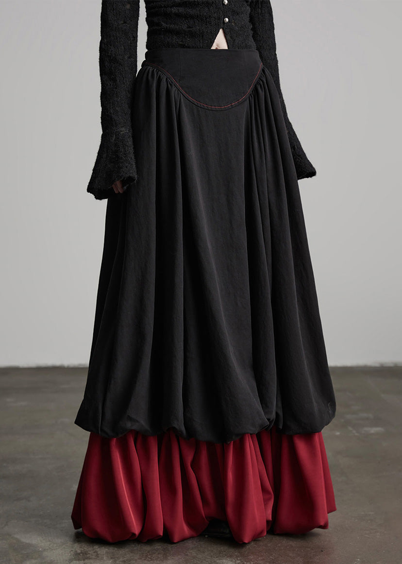 Fashion Black Wrinkled Patchwork False Two Pieces Cotton Skirts Fall