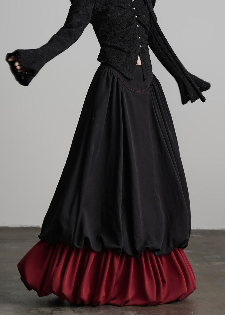 Fashion Black Wrinkled Patchwork False Two Pieces Cotton Skirts Fall