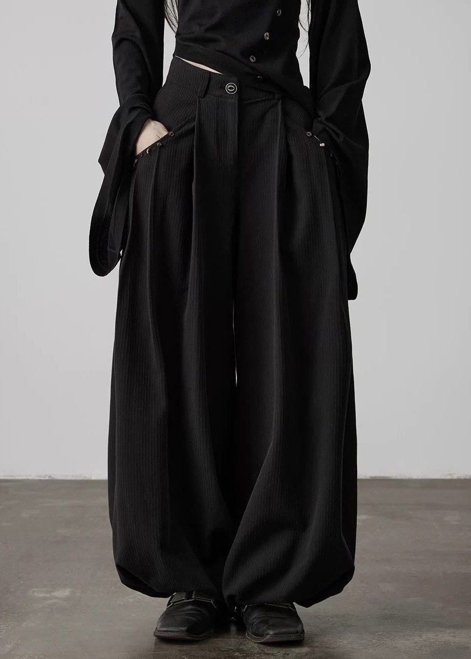 Fashion Black Wrinkled Pockets High Waist Lantern Pants Fall