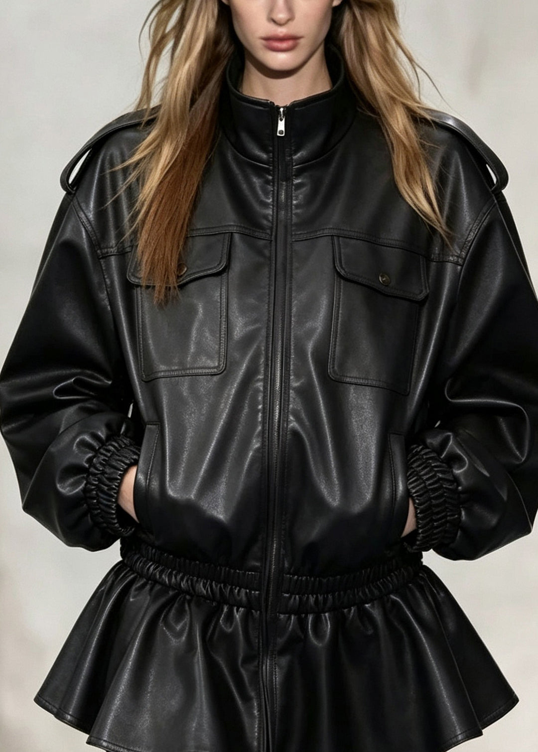 Fashion Black Zip Up Pockets Patchwork Faux Leather Trench Dress Fall