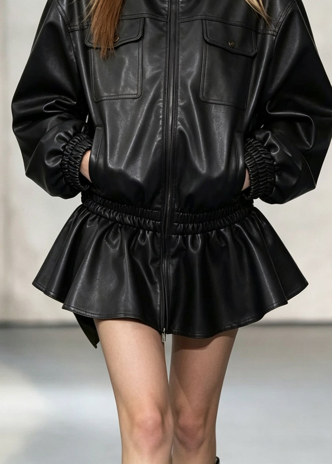 Fashion Black Zip Up Pockets Patchwork Faux Leather Trench Dress Fall