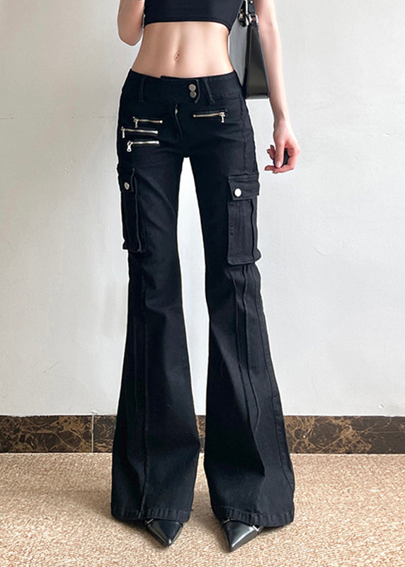 Fashion Black Zippered Pockets Patchwork High Waist Denim Flared Trousers