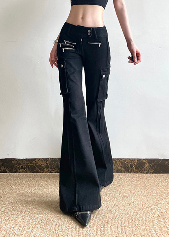 Fashion Black Zippered Pockets Patchwork High Waist Denim Flared Trousers