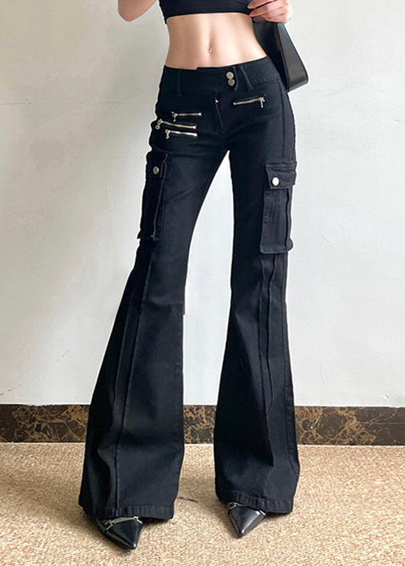 Fashion Black Zippered Pockets Patchwork High Waist Denim Flared Trousers