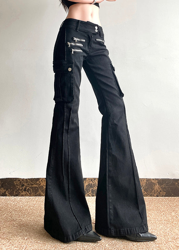 Fashion Black Zippered Pockets Patchwork High Waist Denim Flared Trousers