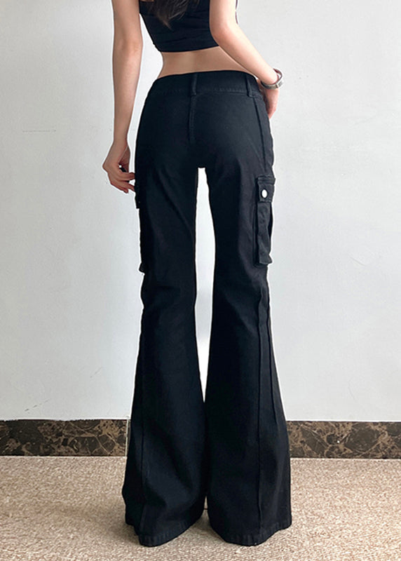 Fashion Black Zippered Pockets Patchwork High Waist Denim Flared Trousers