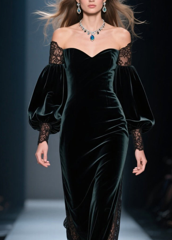 Fashion Blackish Green Cold Shoulder Lace Patchwork Velvet Dresses Fall