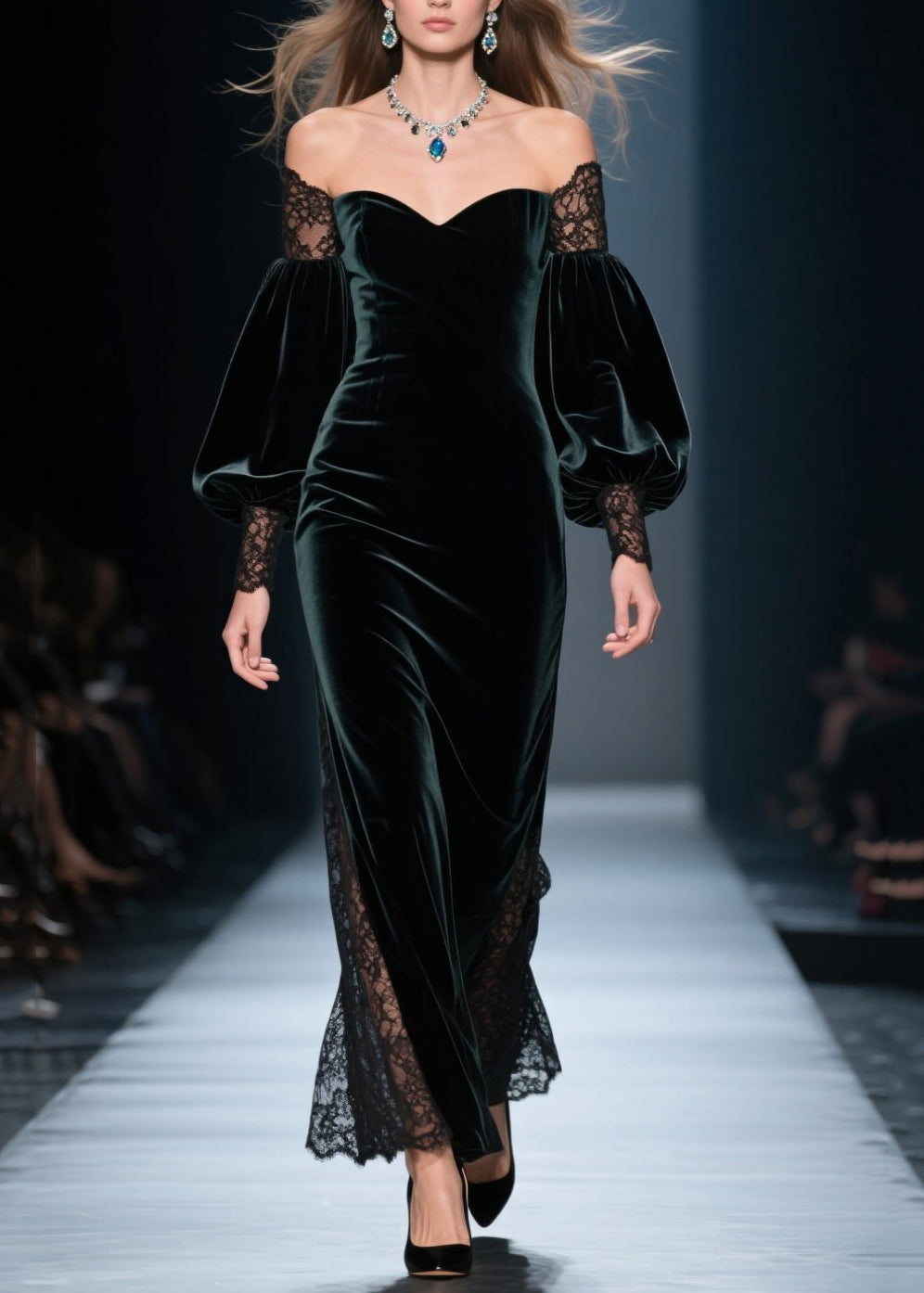 Fashion Blackish Green Cold Shoulder Lace Patchwork Velvet Dresses Fall