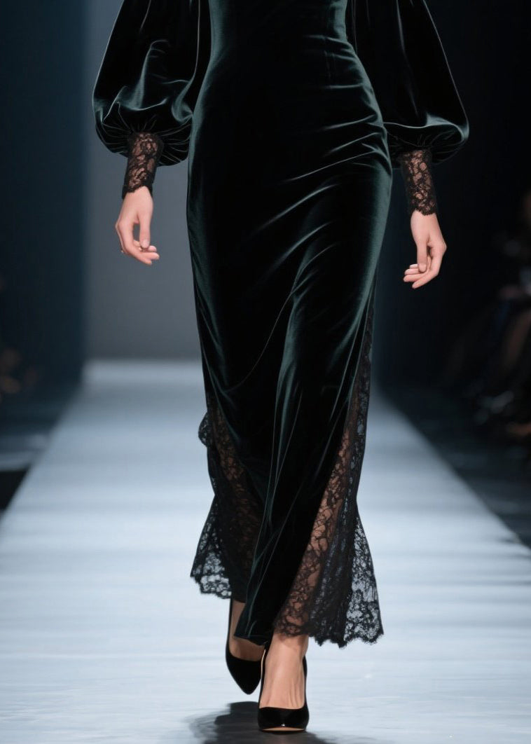 Fashion Blackish Green Cold Shoulder Lace Patchwork Velvet Dresses Fall