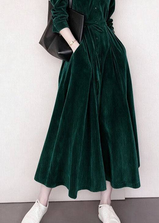 Fashion Blackish Green V Neck Pockets Patchwork Corduroy Dress Fall