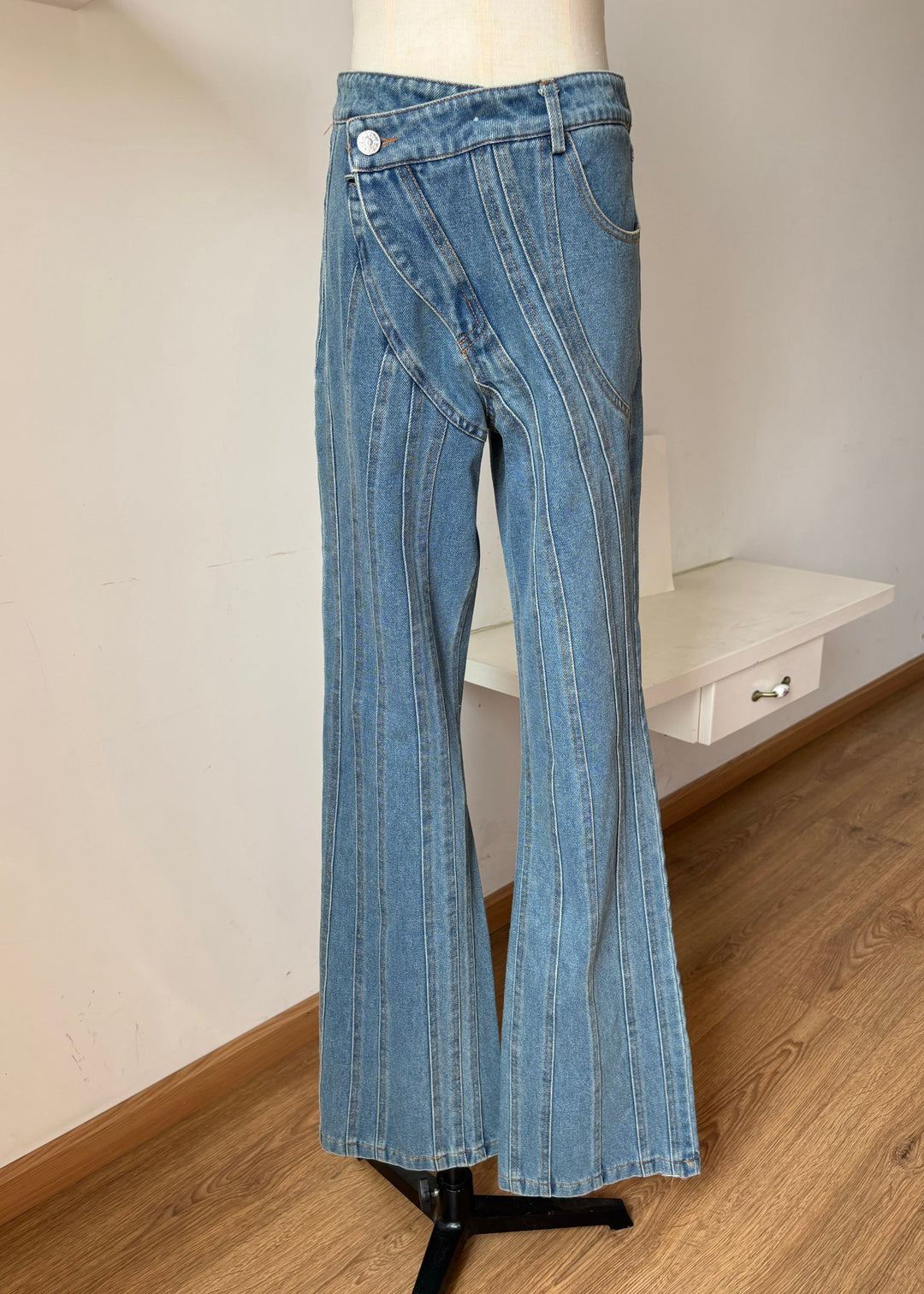 Fashion Blue Asymmetrical Design Pockets Denim Flared Trousers Fall