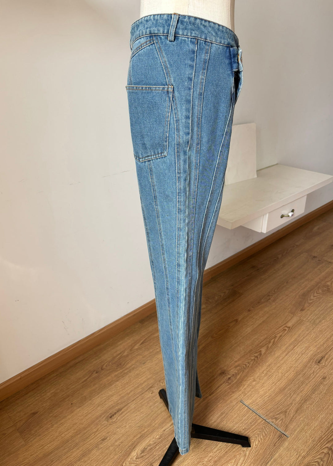 Fashion Blue Asymmetrical Design Pockets Denim Flared Trousers Fall
