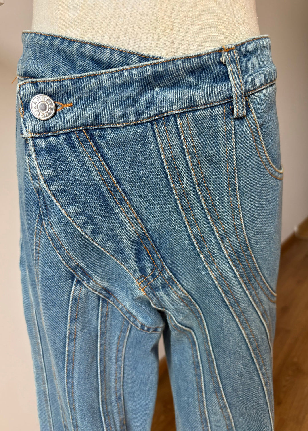 Fashion Blue Asymmetrical Design Pockets Denim Flared Trousers Fall