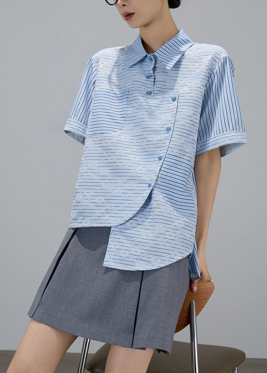 Fashion Blue Asymmetrical Design Striped Cotton Blouses Summer