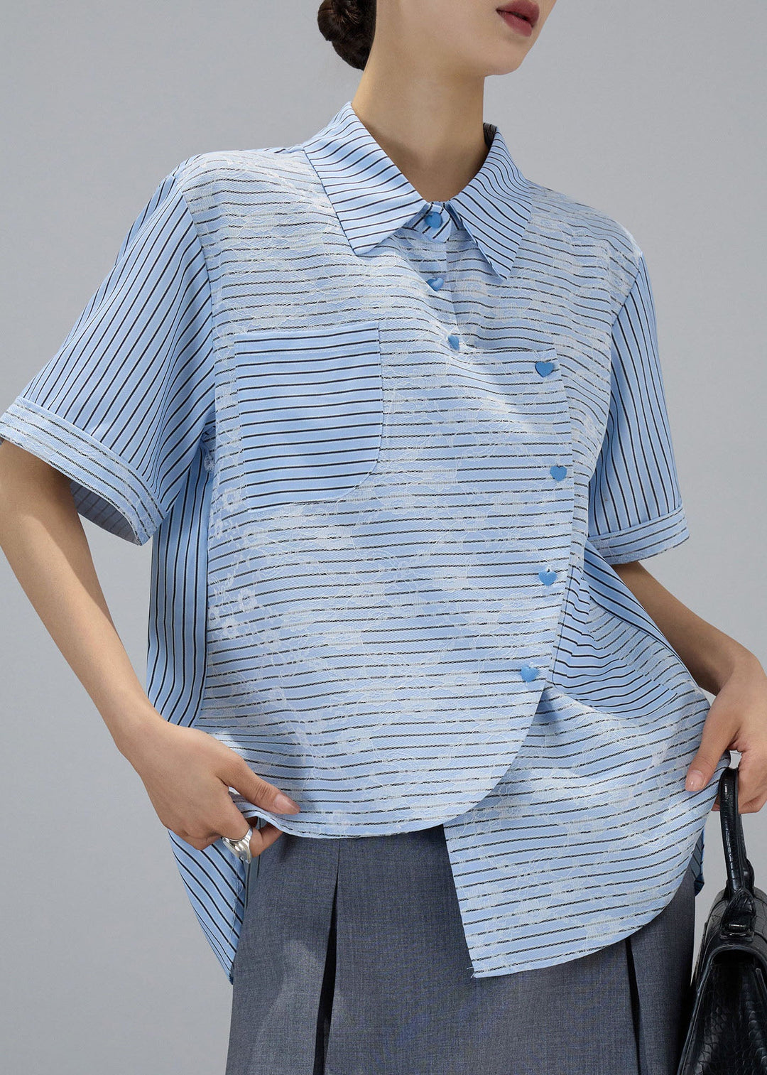 Fashion Blue Asymmetrical Design Striped Cotton Blouses Summer