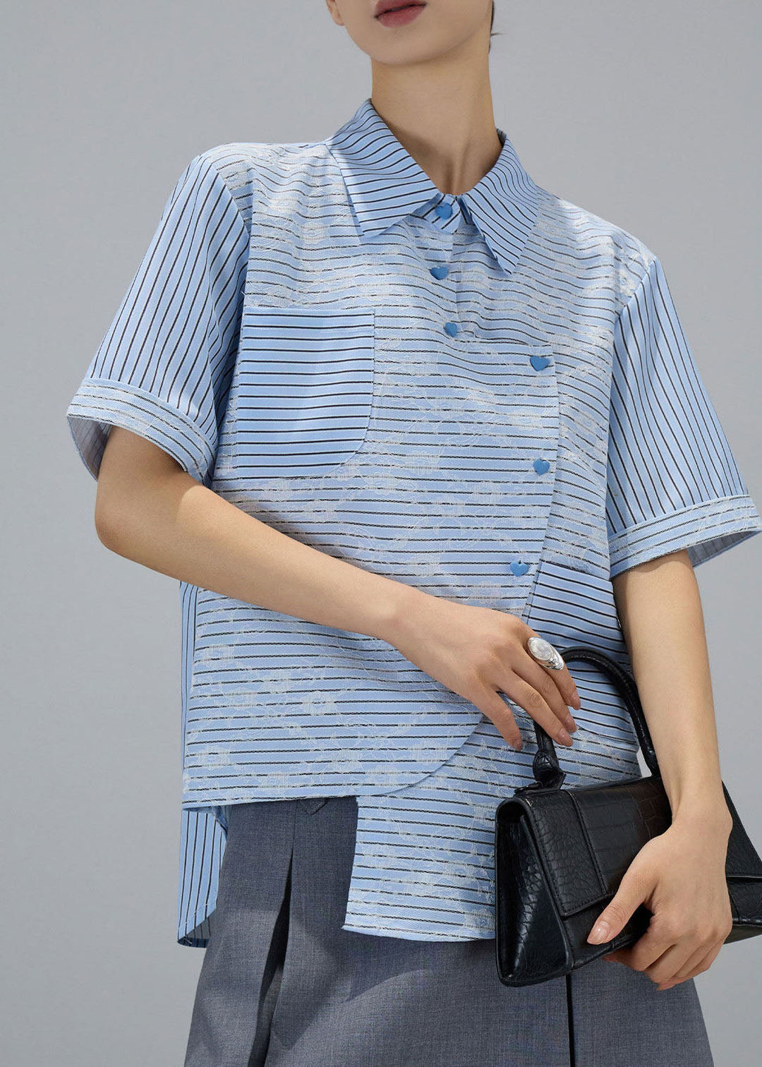 Fashion Blue Asymmetrical Design Striped Cotton Blouses Summer