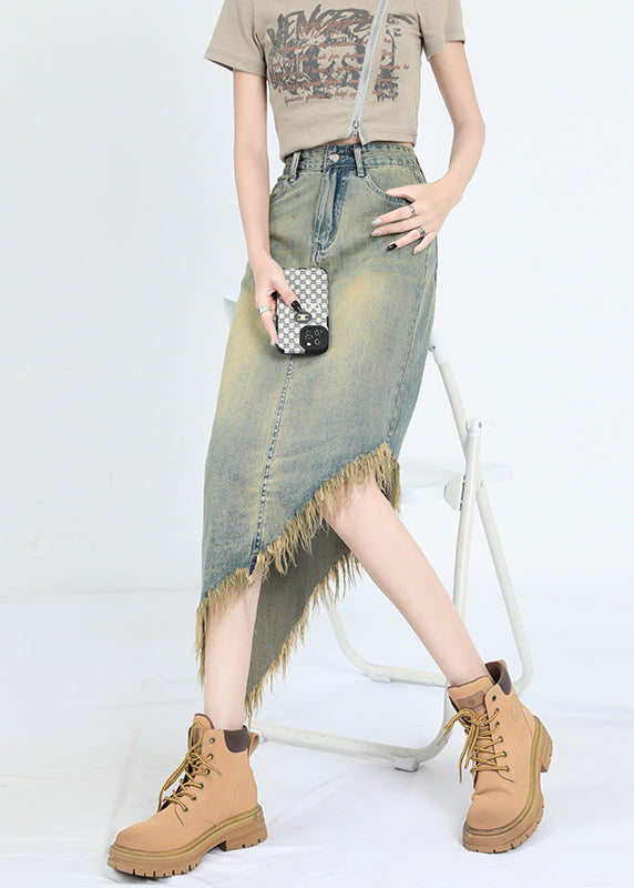 Fashion Blue Asymmetrical Tasseled Denim Skirt Summer