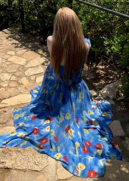 Fashion Blue Backless Print Chiffon Ankle Dress Summer