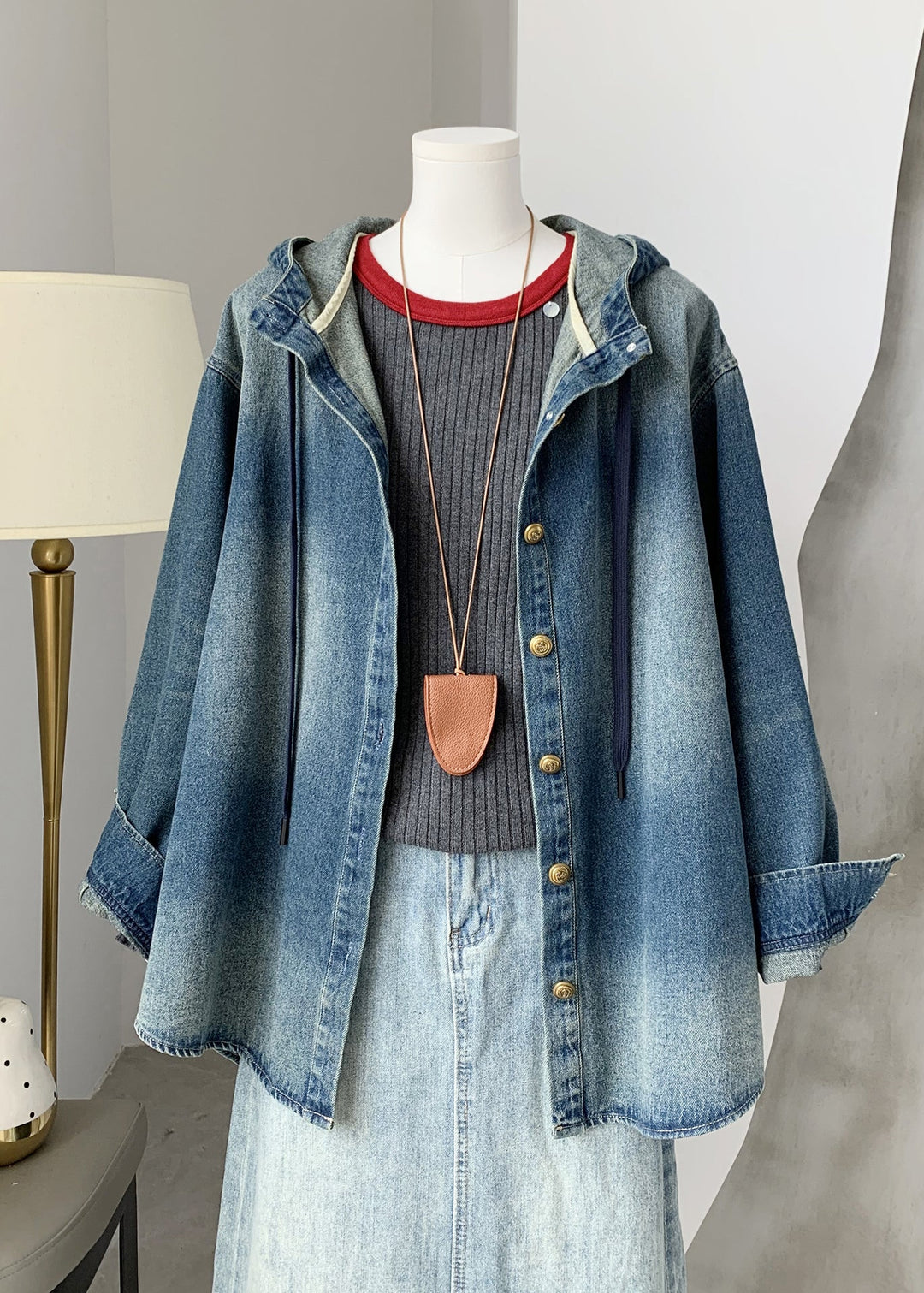 Fashion Blue Button Denim Hooded Coat Fall