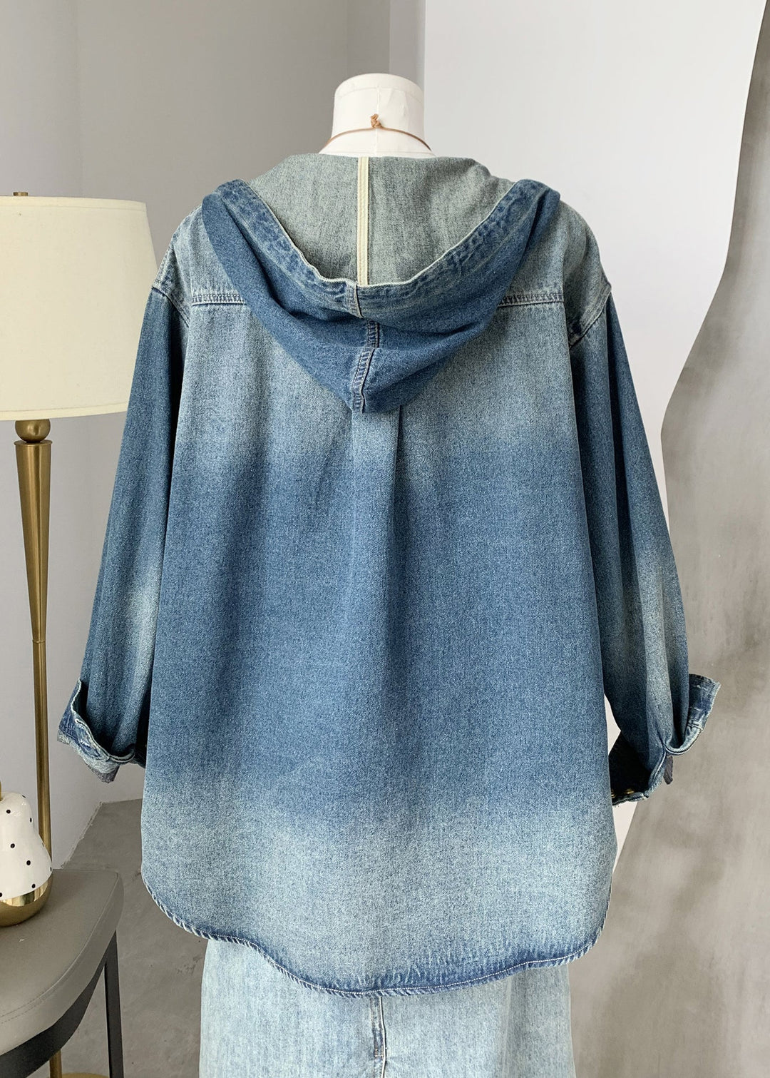 Fashion Blue Button Denim Hooded Coat Fall