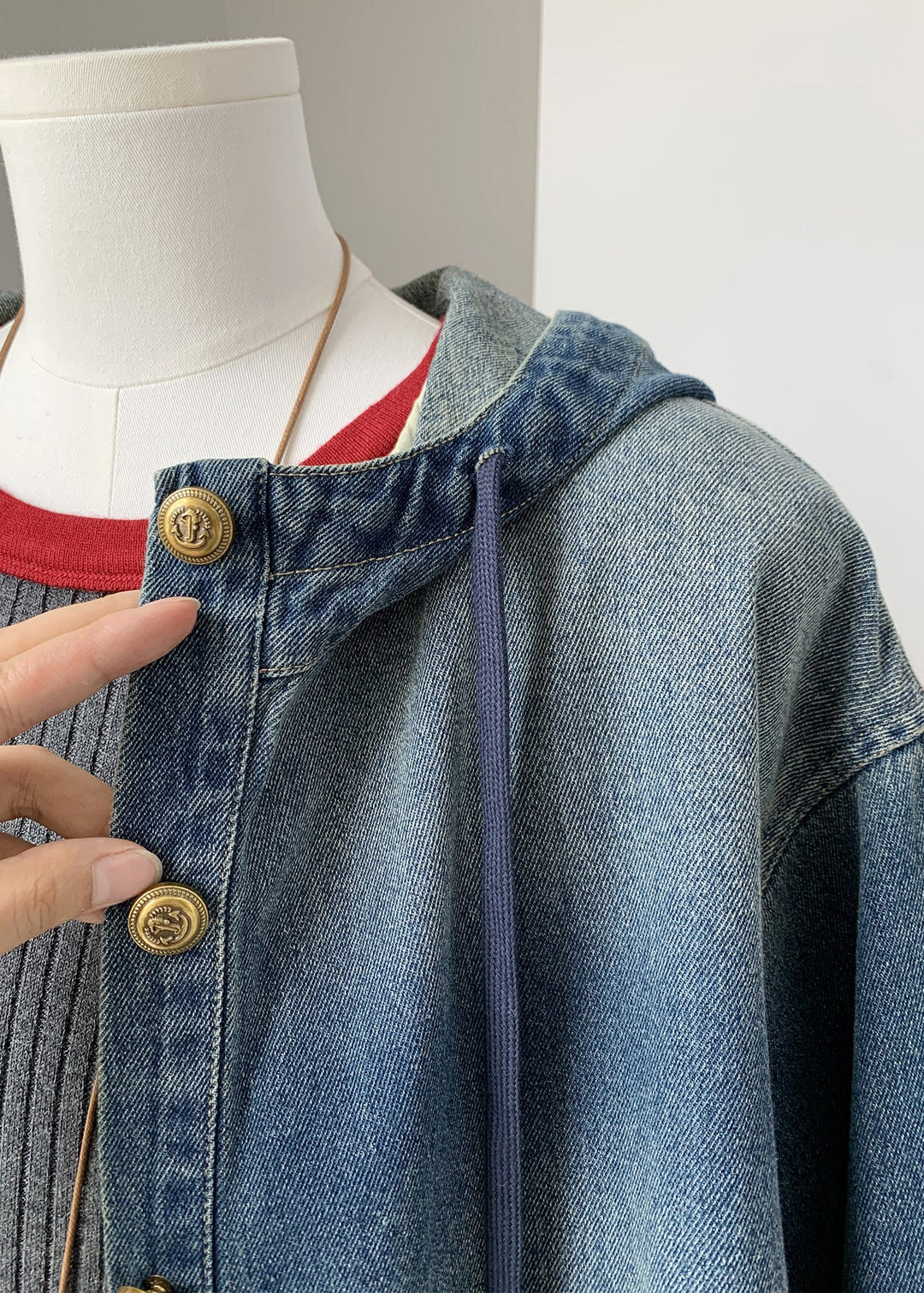 Fashion Blue Button Denim Hooded Coat Fall