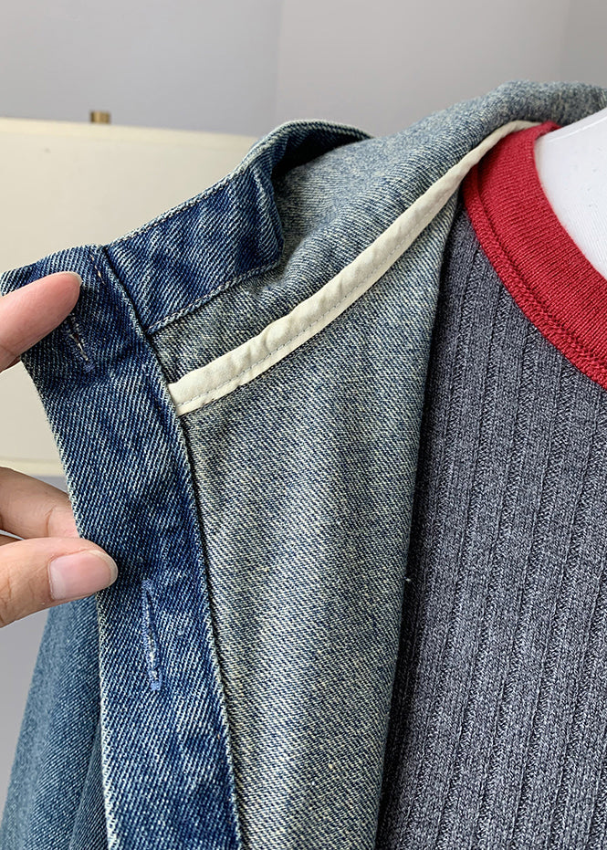 Fashion Blue Button Denim Hooded Coat Fall