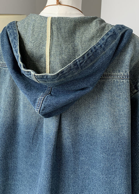 Fashion Blue Button Denim Hooded Coat Fall