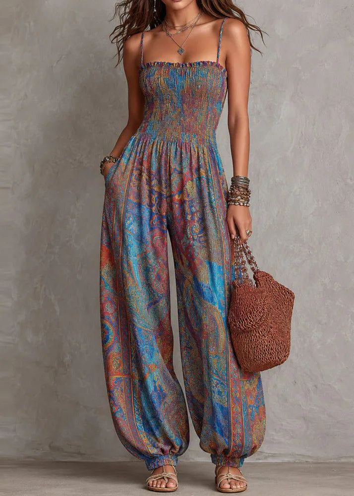 Fashion Blue Cami Print Cotton Jumpsuit Summer