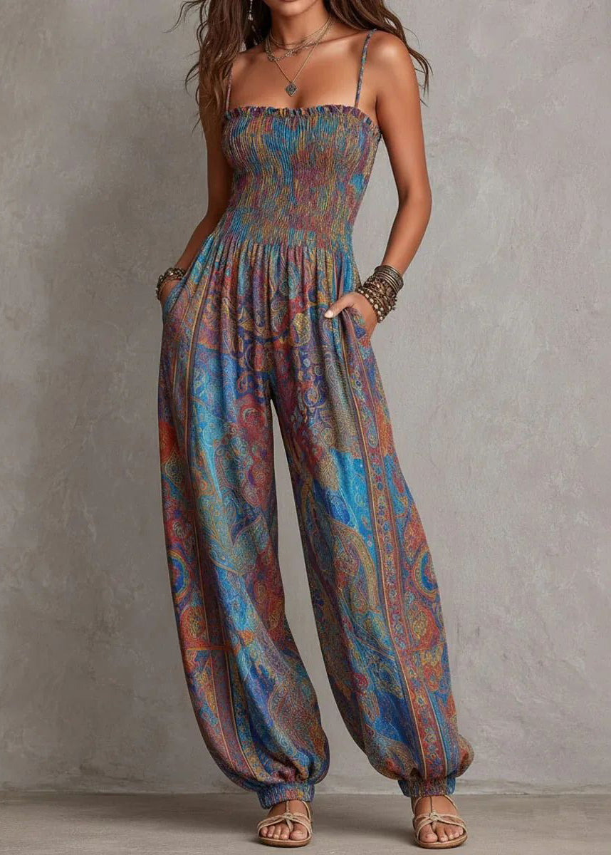 Fashion Blue Cami Print Cotton Jumpsuit Summer