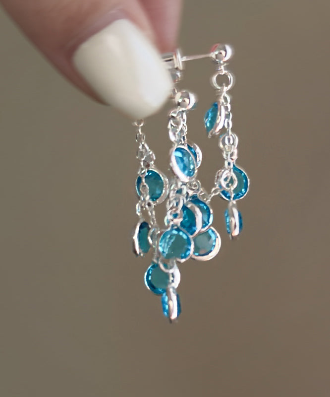 Fashion Blue Copper Crystal Bunch Of Grapes Tassel Drop Earrings