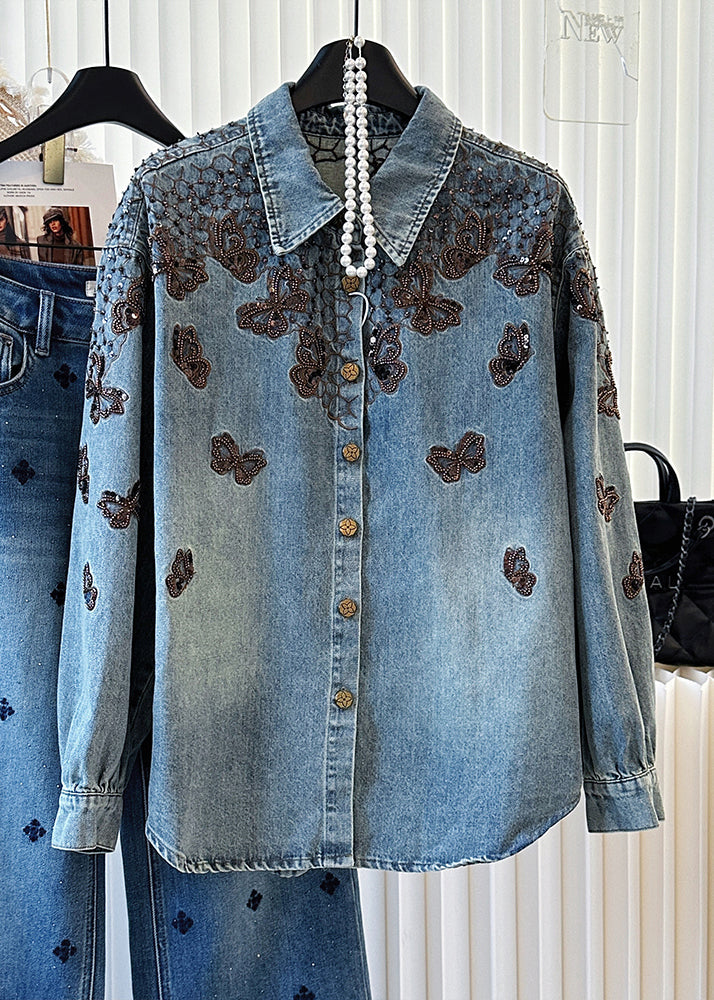 Fashion Blue Embroidered Butterfly Denim Coats Spring