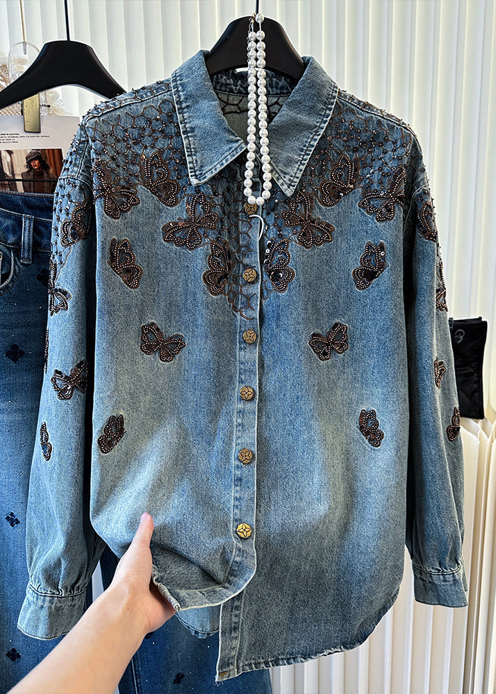 Fashion Blue Embroidered Butterfly Denim Coats Spring