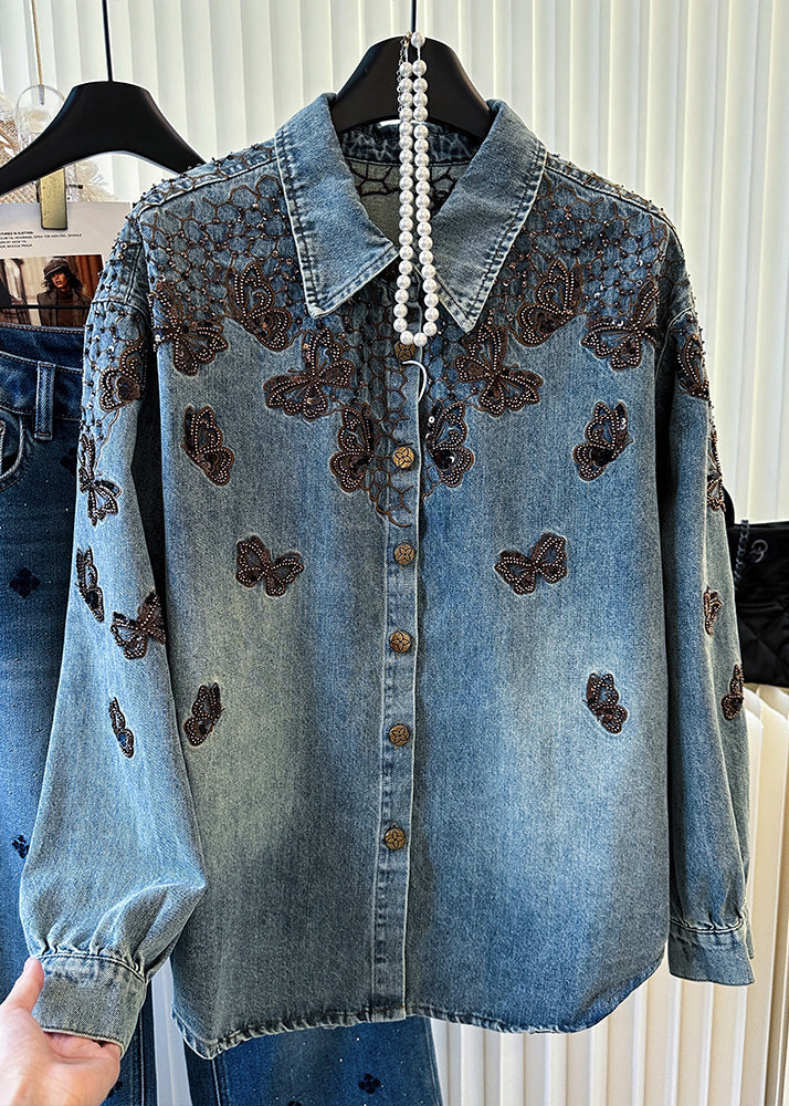 Fashion Blue Embroidered Butterfly Denim Coats Spring