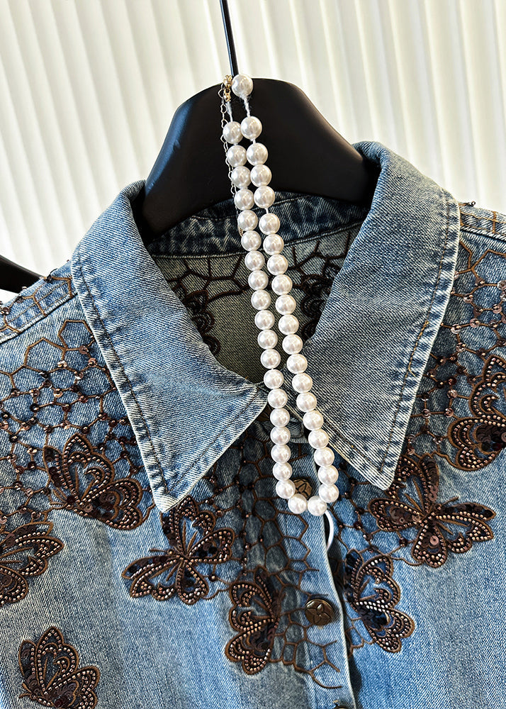 Fashion Blue Embroidered Butterfly Denim Coats Spring