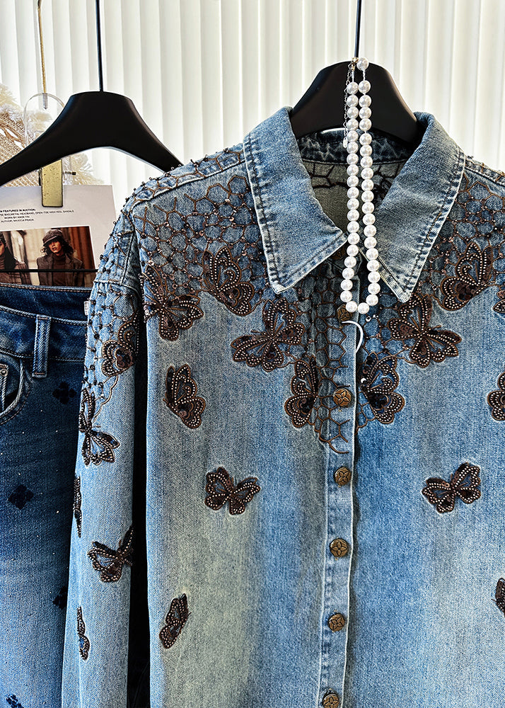 Fashion Blue Embroidered Butterfly Denim Coats Spring