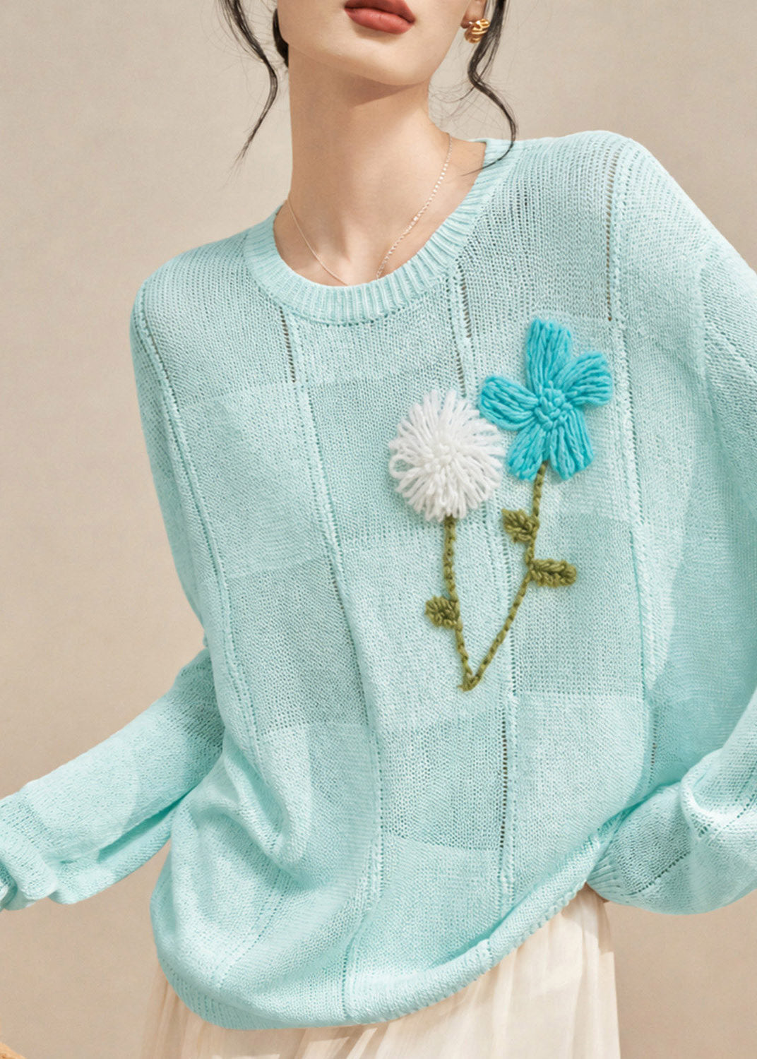 Fashion Blue Embroidered Floral Cotton Knit Sweaters Tops Long Sleeve