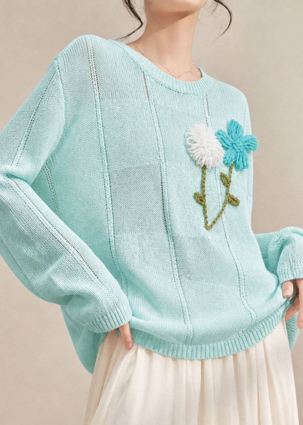Fashion Blue Embroidered Floral Cotton Knit Sweaters Tops Long Sleeve