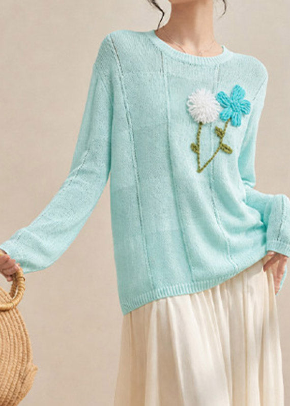 Fashion Blue Embroidered Floral Cotton Knit Sweaters Tops Long Sleeve