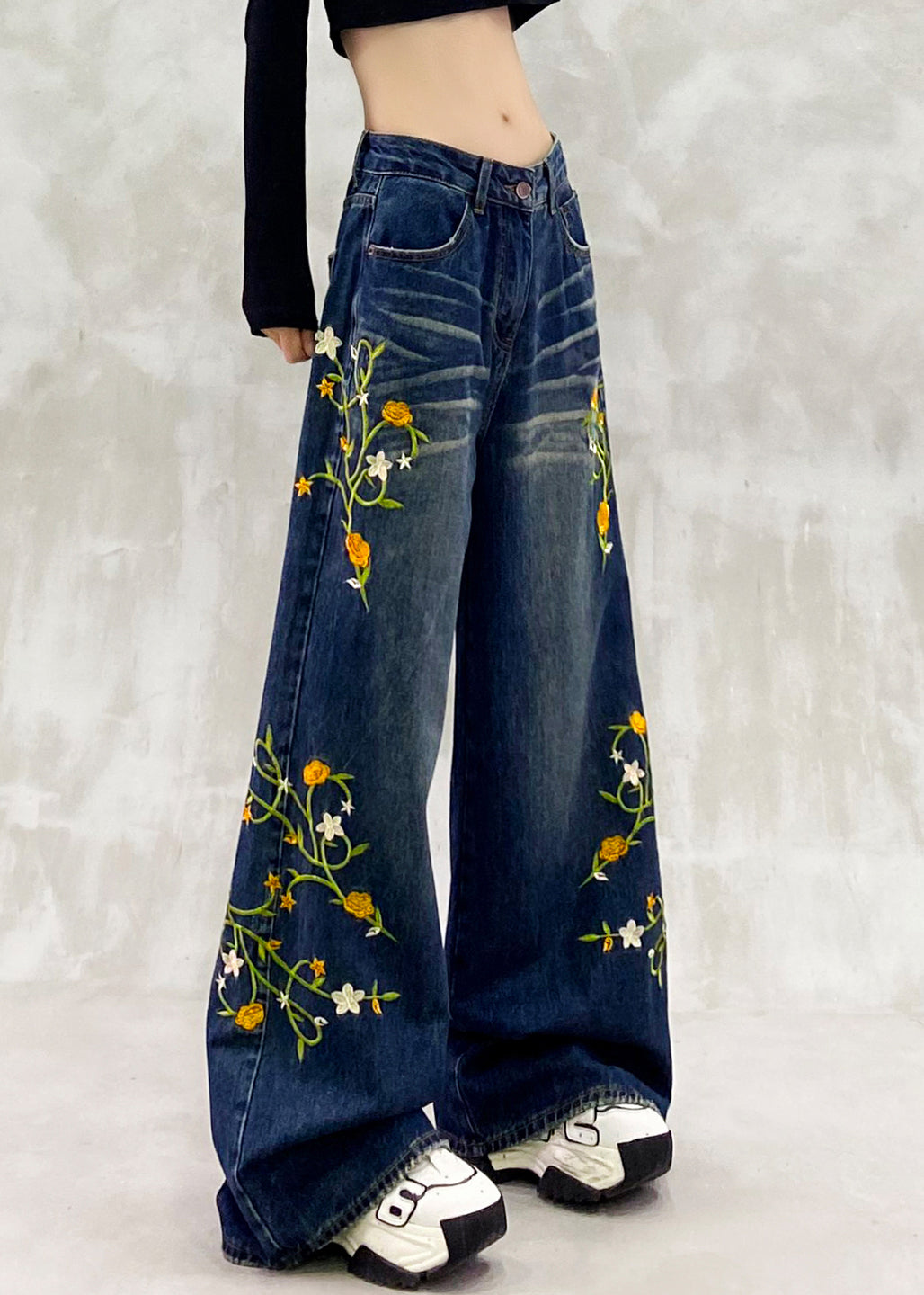 Fashion Blue Embroidered Pockets Patchwork Denim Pants Fall
