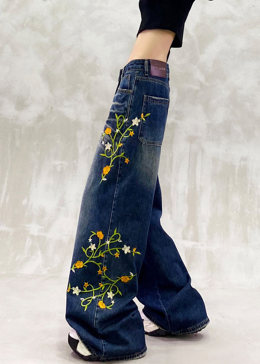 Fashion Blue Embroidered Pockets Patchwork Denim Pants Fall