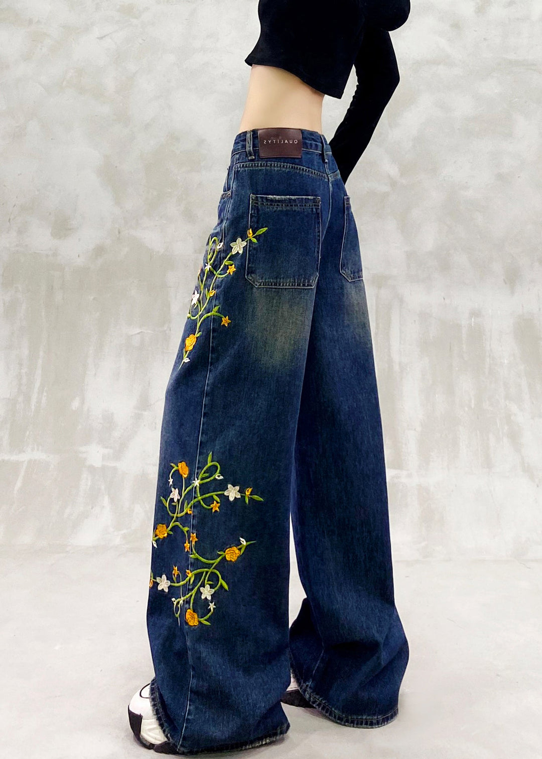 Fashion Blue Embroidered Pockets Patchwork Denim Pants Fall