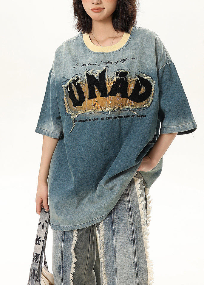 Fashion Blue Embroideried Patchwork Denim Tank Tops Half Sleeve