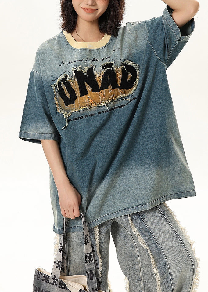 Fashion Blue Embroideried Patchwork Denim Tank Tops Half Sleeve