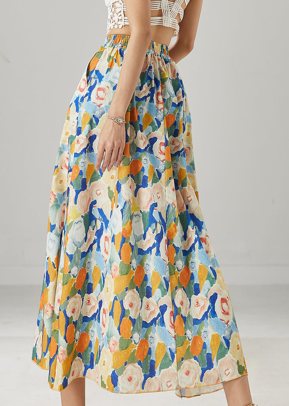 Fashion Blue Floral Elastic Waist Chiffon Skirts Summer