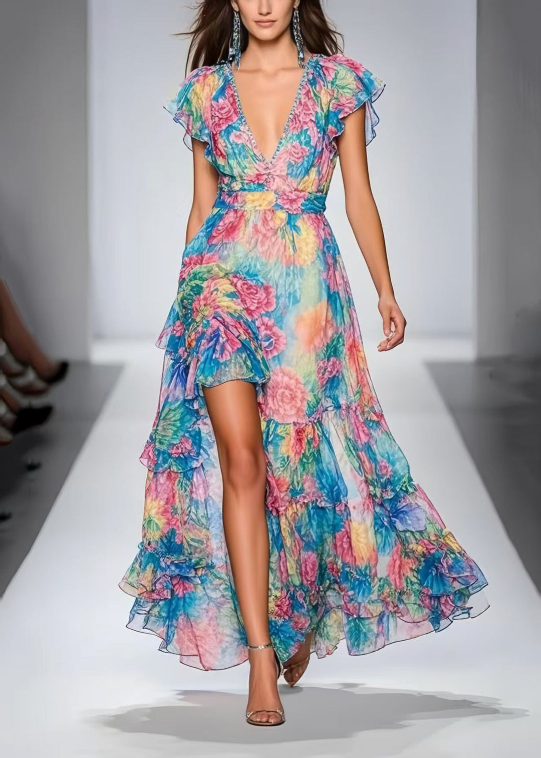 Fashion Blue Floral Print Side Open Chiffon Maxi Dresses Summer