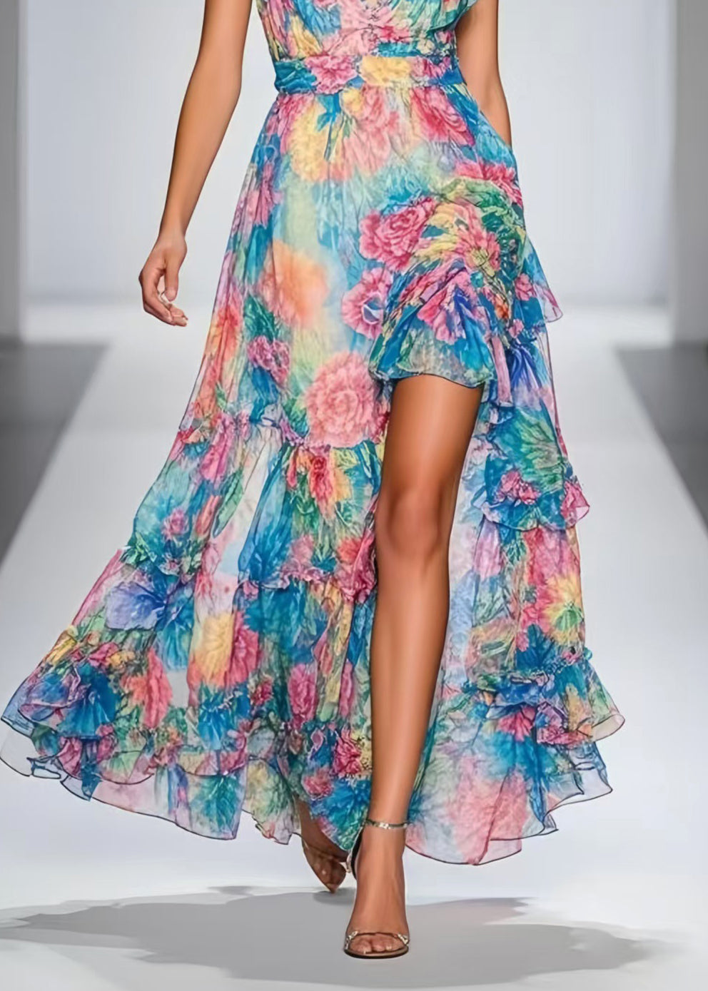 Fashion Blue Floral Print Side Open Chiffon Maxi Dresses Summer