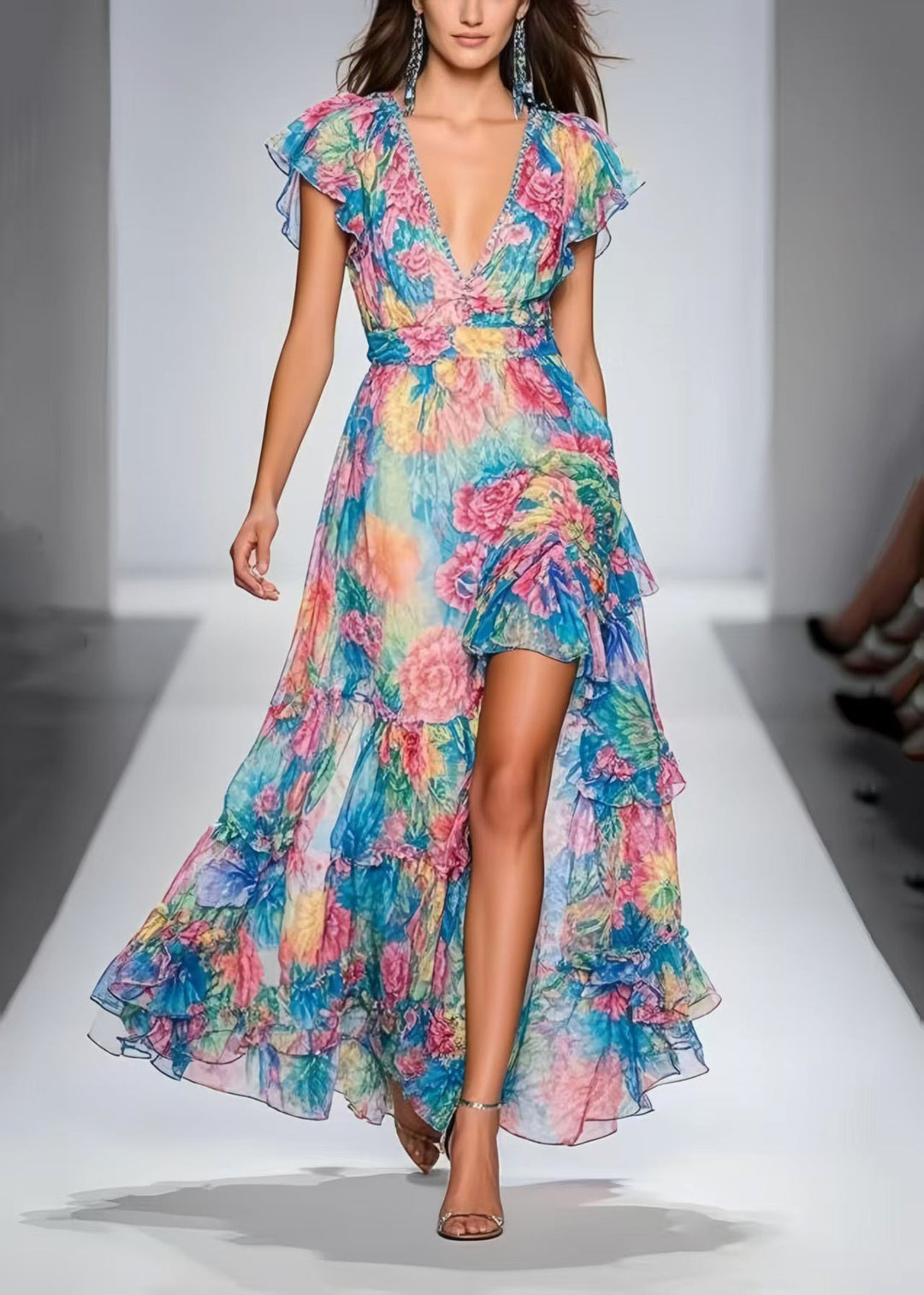 Fashion Blue Floral Print Side Open Chiffon Maxi Dresses Summer