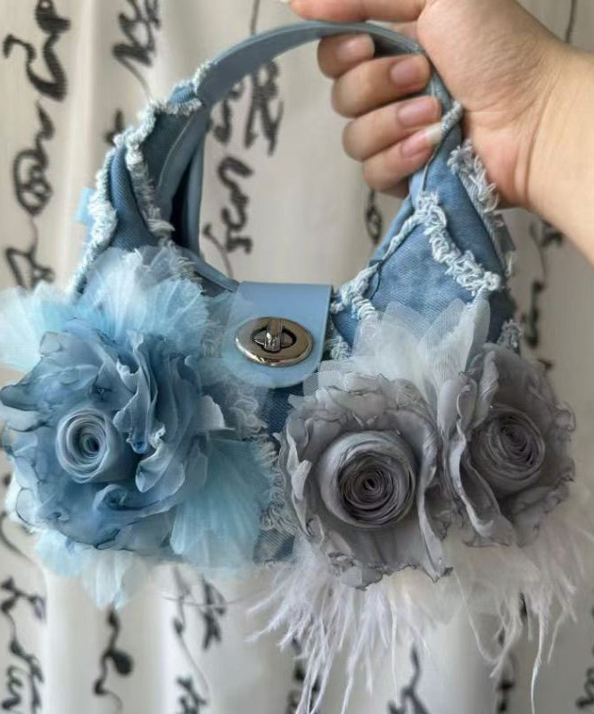 Fashion Blue Floral Tassel Denim Tote Handbag
