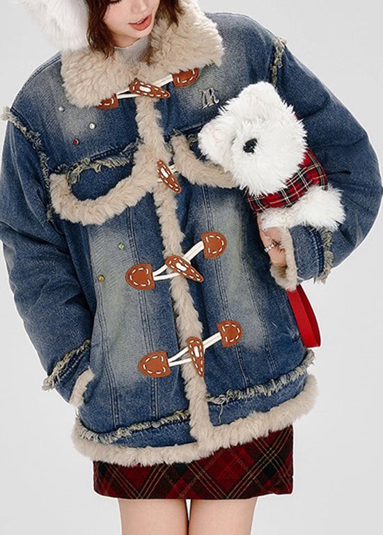 Fashion Blue Fuzzy Fur Patchwork Fine Cotton Filled Denim Coat Winter